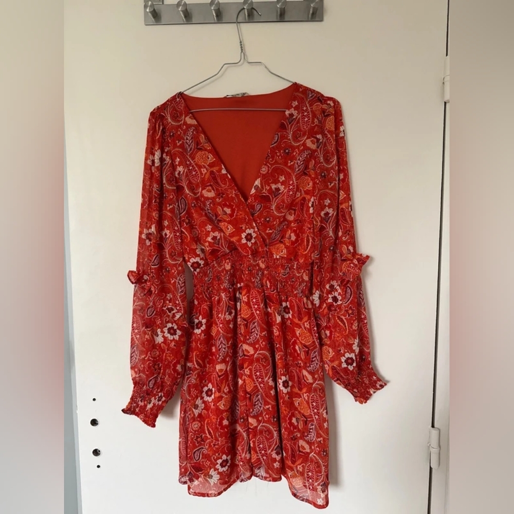 Stradivarius Red Paisley Long Sleeve Dress